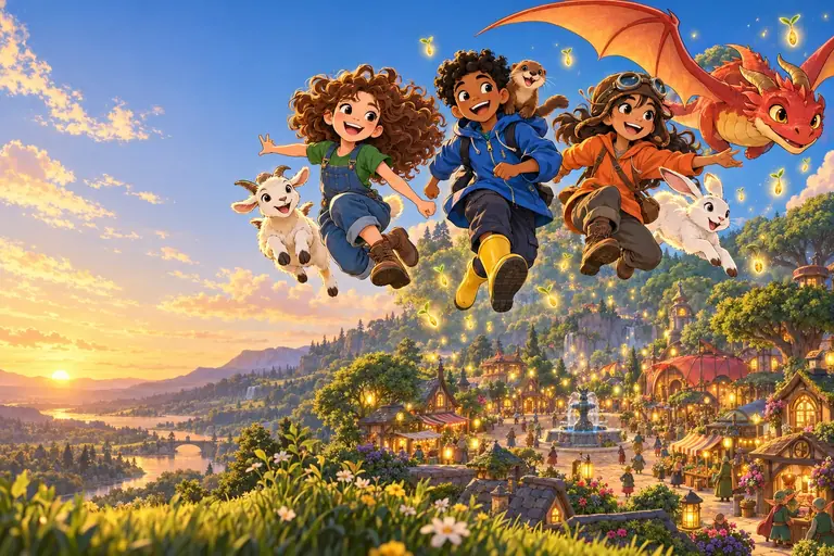 Four young heroes and a friendly dragon leap over a glowing village, with seeds floating up like fireflies.